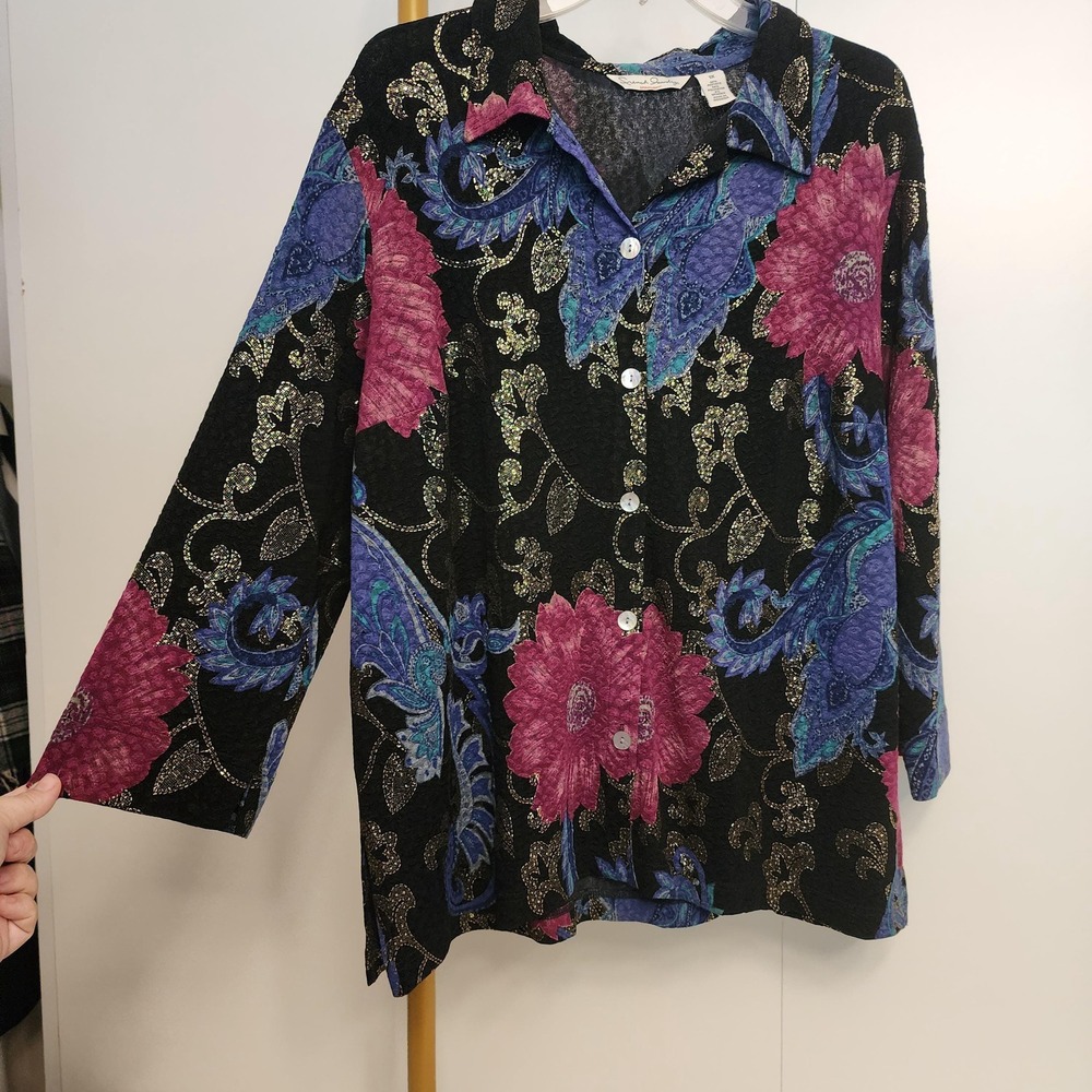 1X French Laundry Black Abstract Floral Dark Business Button Up 3/4 Sleeves